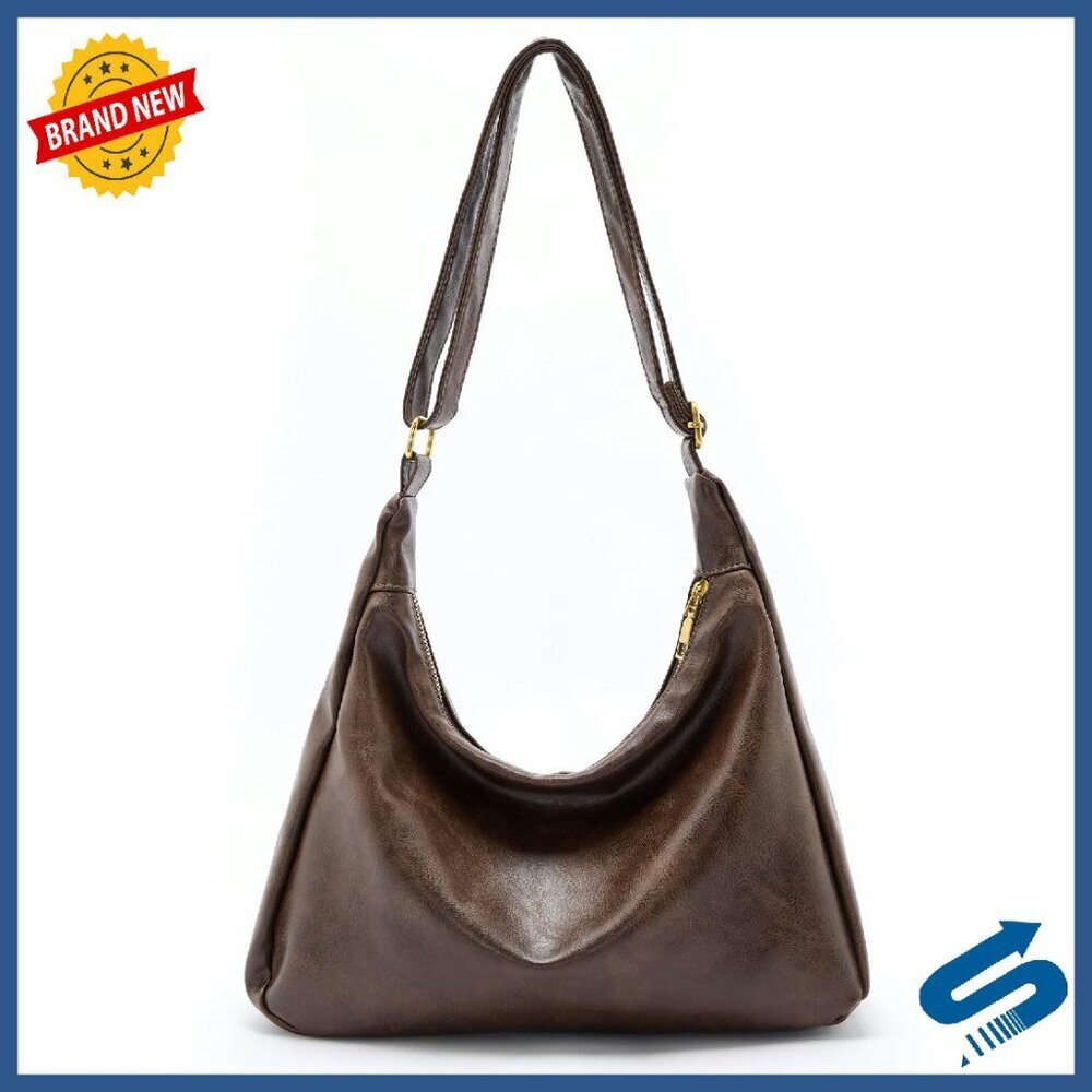 Foldable Vegan Leather Hobo Tote, Adjustable Strap, 13" Slouchy Shoulder Bag